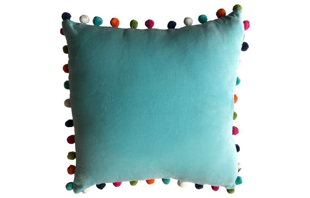 Aqua Velvet Pompom Cushions 50x50cm 