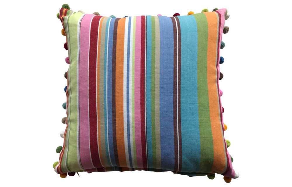 Blue, Pink and turquoise Stripe Pompom Cushion 40x40cm