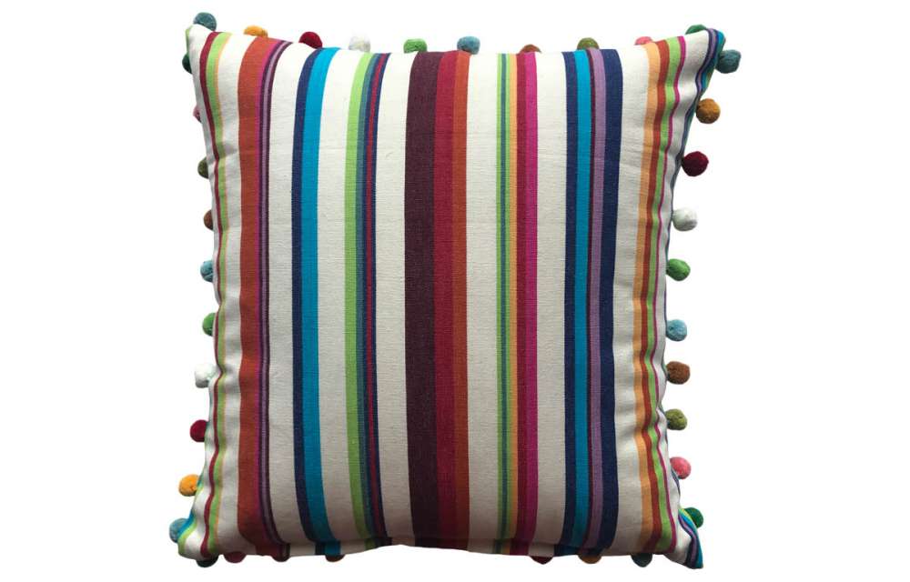 Cream, Brown, Terracotta, Green Stripe Pompom Cushion 50x50cm