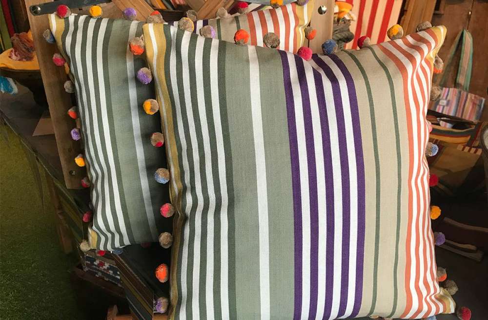 Sage Green, Purple and Mustard Striped Pompom Cushion 40x40cm