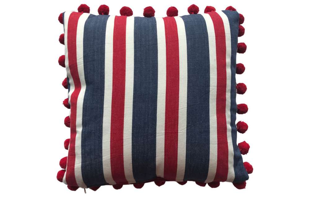 Navy blue, Red and White Striped Pompom Cushions 50x50cm