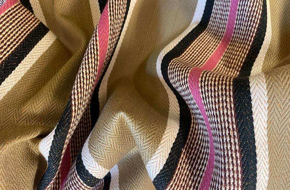 Ticking Fabric - Sand, black, pink and white stripes
