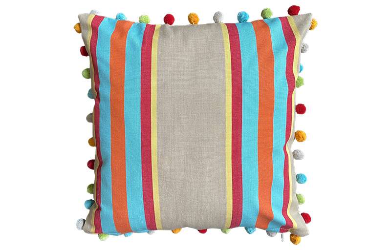 Fawn, Terracotta and Turquoise Striped Pompom Cushion 50x50cm