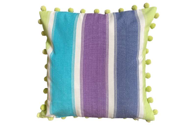 Lime Green, Turquoise and White Striped Pompom Cushion 50x50cm