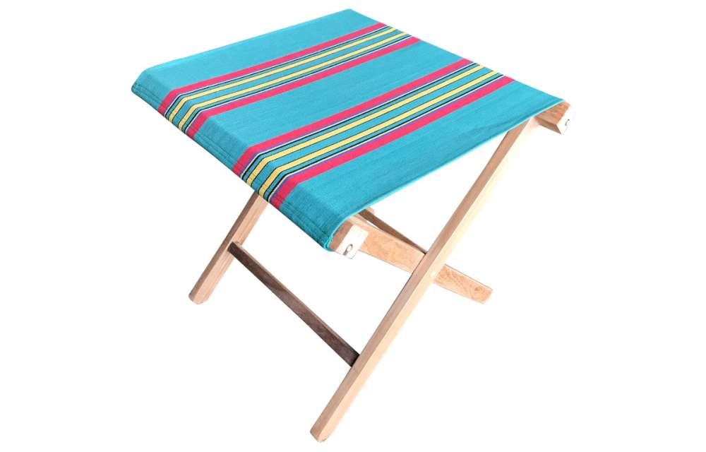 Portable Folding Stool with Jade Green, Red and Yellow Striped Seat