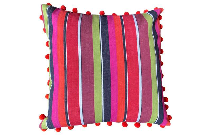 Fuschia Pink, Coral and Black Stripe Pompom Cushion 40x40cm