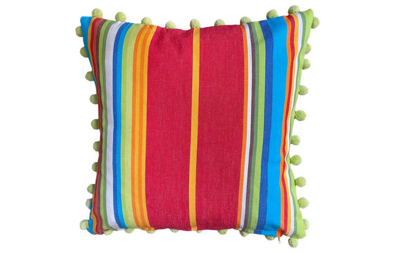 Lime, Turquoise and Red Stripe Pompom Cushion 40x40cm