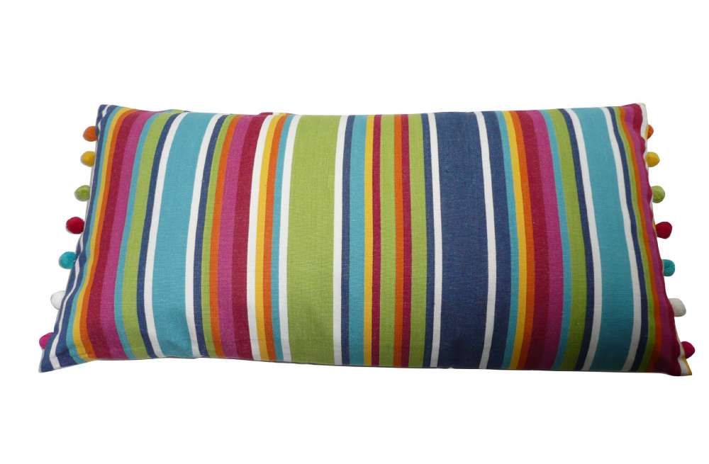 Oblong Cushions | Rainbow Striped Oblong Cushions with bobble fringe 