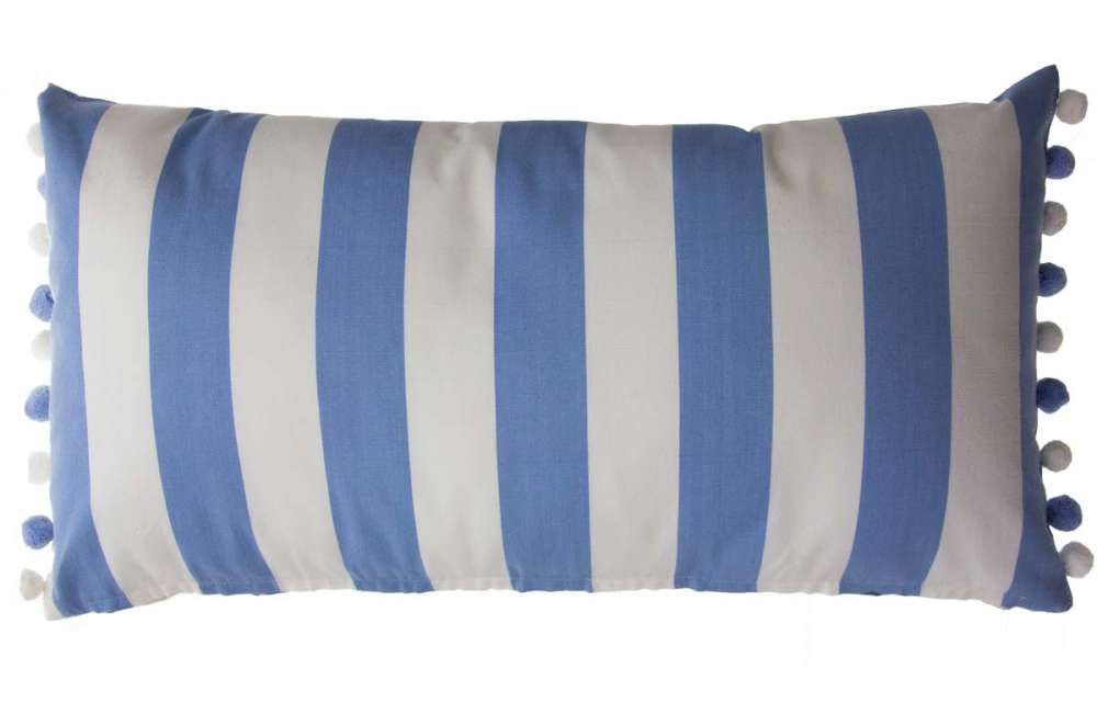  Sky blue and white Striped Oblong Cushions with Bobble Fringe 