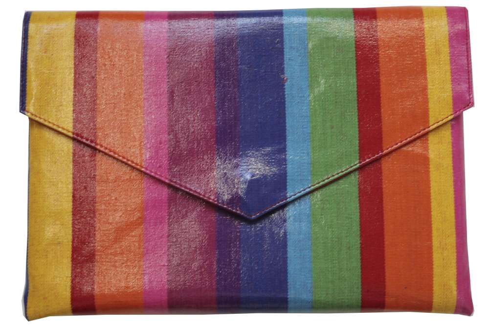 red lining inside rainbow striped clutch bag