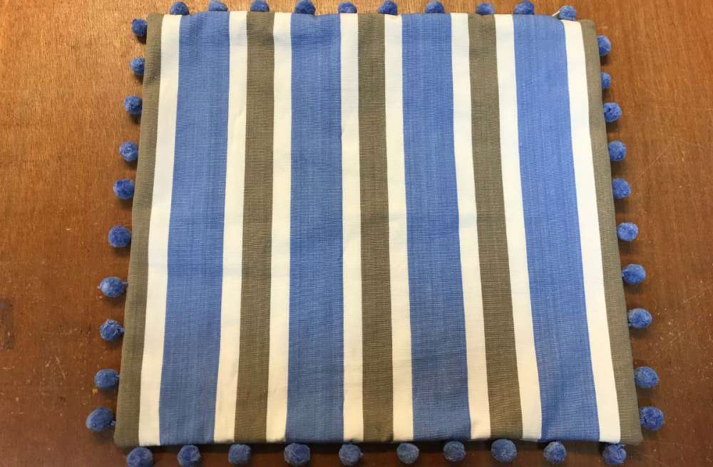 Sky Blue, Beige and White Stripe Pom Pom Cushion 40x40cm