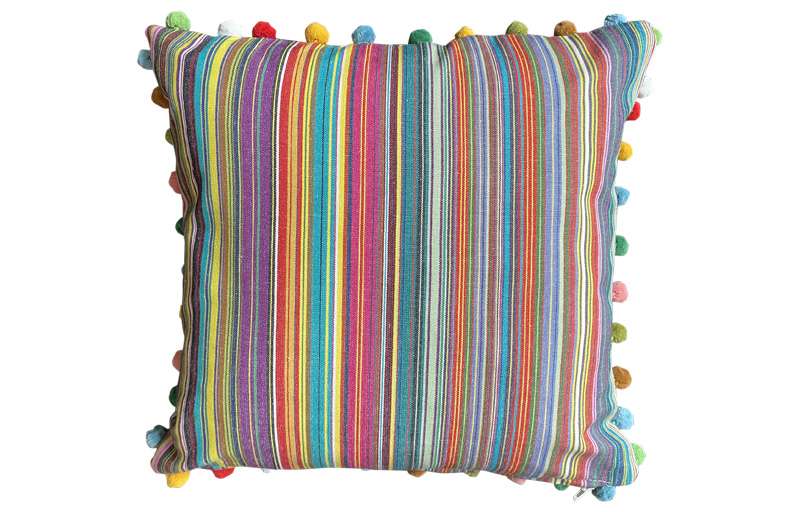 Thin Rainbow Multi Striped Pompom Cushion 40x40cm