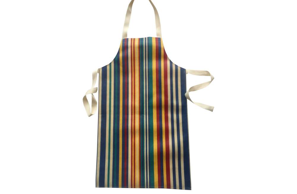 Striped Childs PVC Apron stripes of denim blue, turquoise, red and yellow  