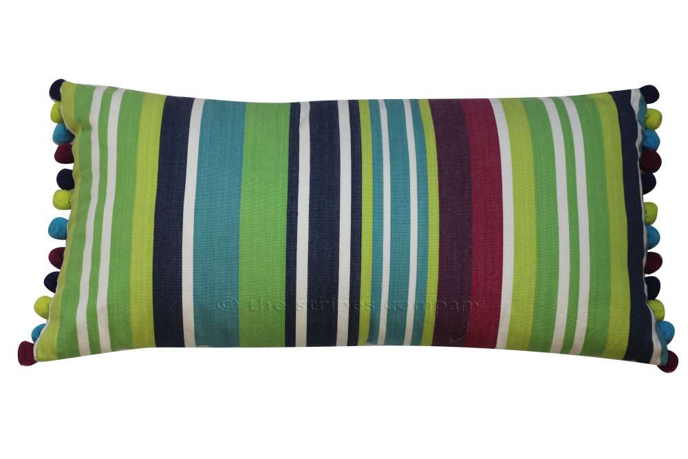 Green, Navy, Turquoise Striped Oblong Cushions with Bobble Fringe