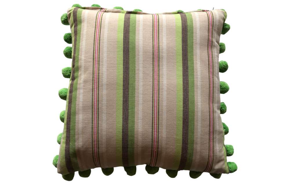 Green, Pale Green and Beige Stripe Pompom Cushion40x40cm