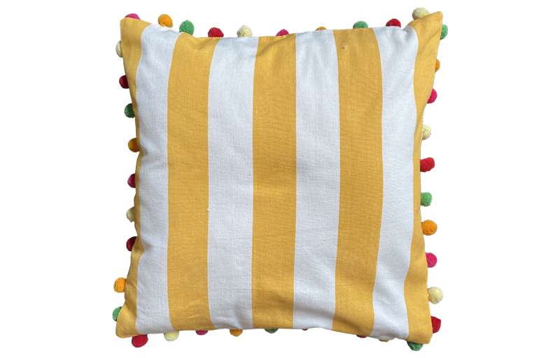 Yellow and White Stripe Pompom Cushion 40x40cm