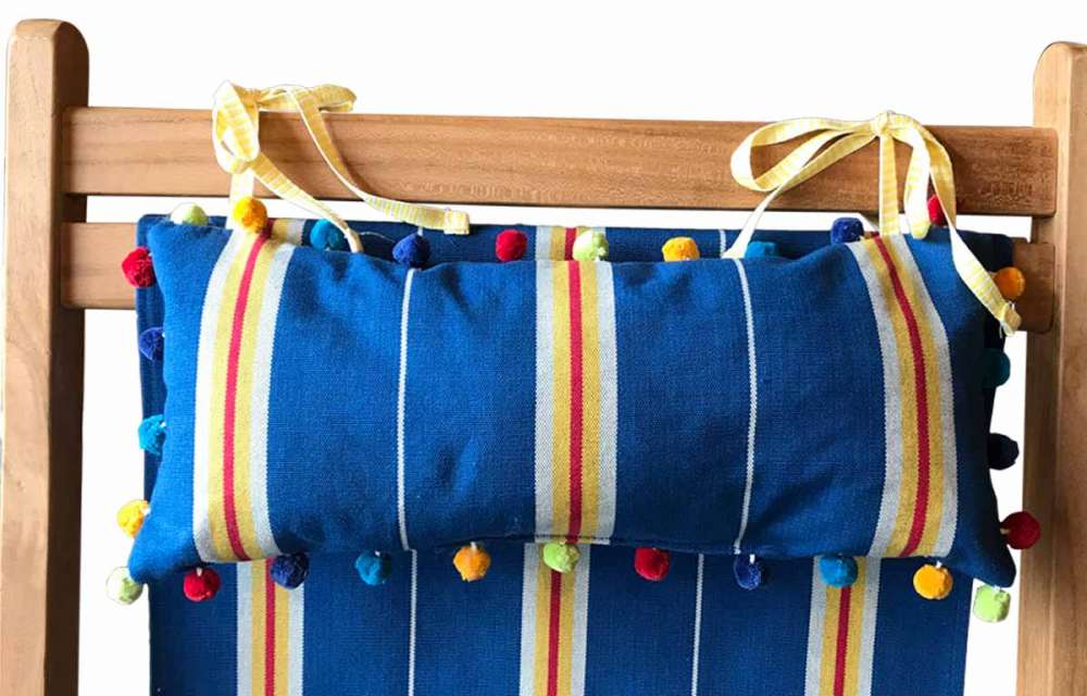 Navy Blue Stripe Deckchair Headrest Cushions | Tie on Pompom Headrest Pillow