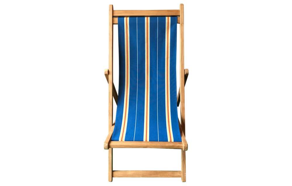 Navy Blue Stripe Teak Deck Chairs - Navy, off white, gold and red vintage stripes   