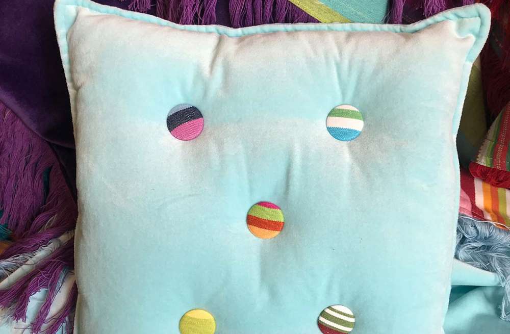 Aqua Velvet Stripe Button Cushion