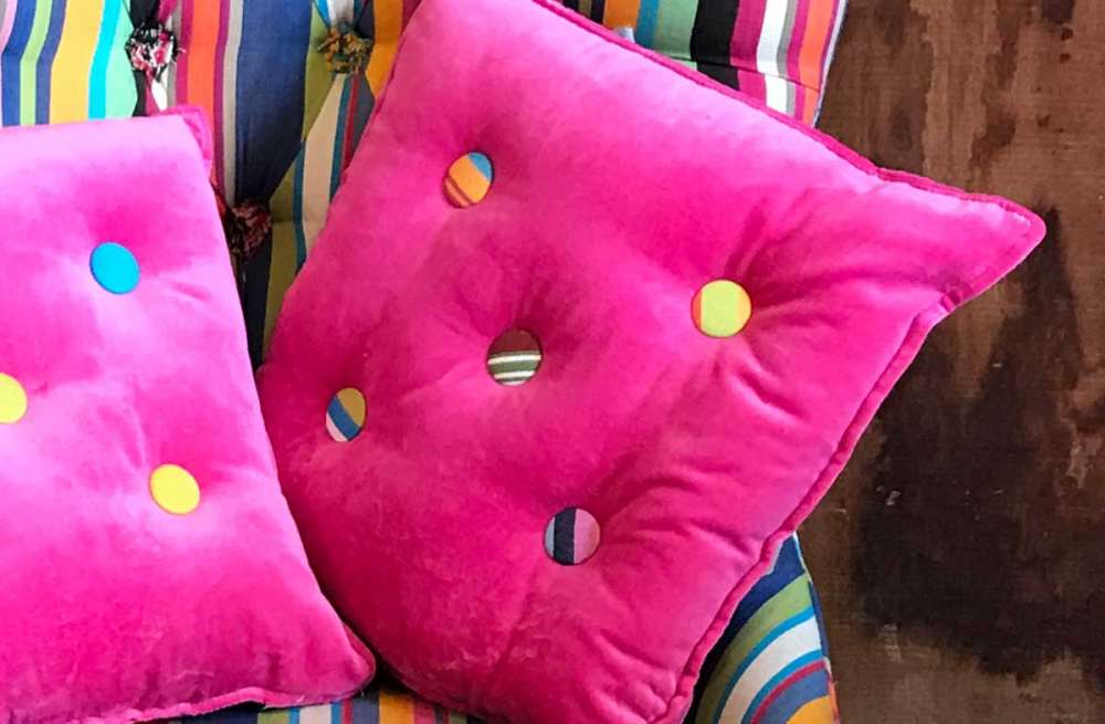 Pink Velvet Stripe Button Cushion
