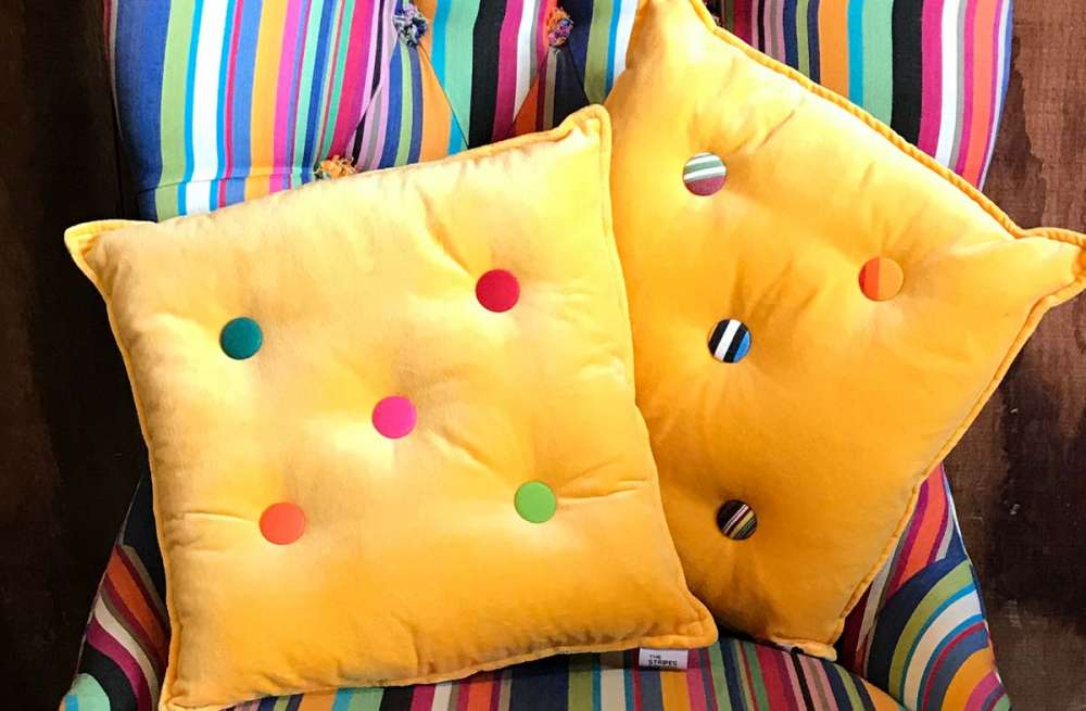 Small Yellow Velvet Cushions Stripe Buttons