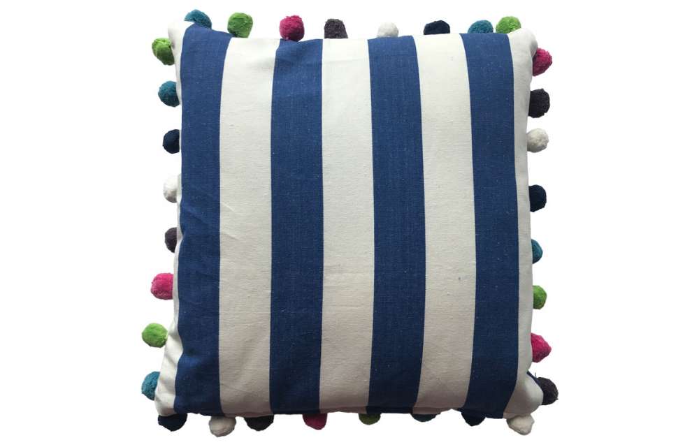 Blue and White Striped Pompom Cushions 40x40cm