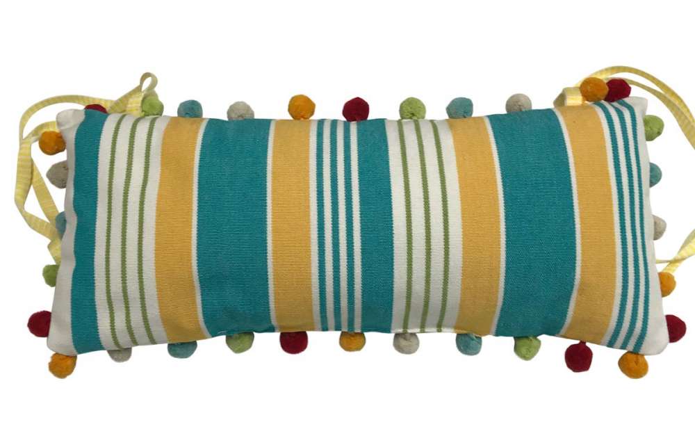 Turquoise, White, Yellow Stripe Deckchair Headrest Cushions | Tie on Pompom Headrest Pillow