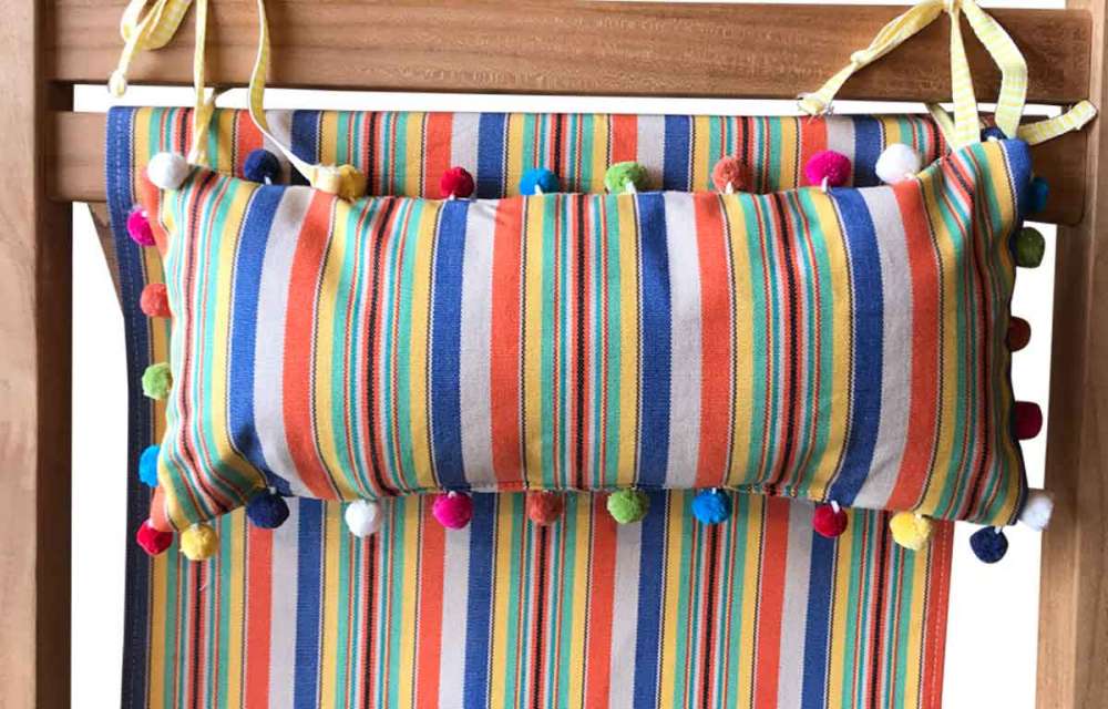Blue, Beige, Orange Deckchair Headrest Cushions | Striped Tie on Pompom Headrest Pillow