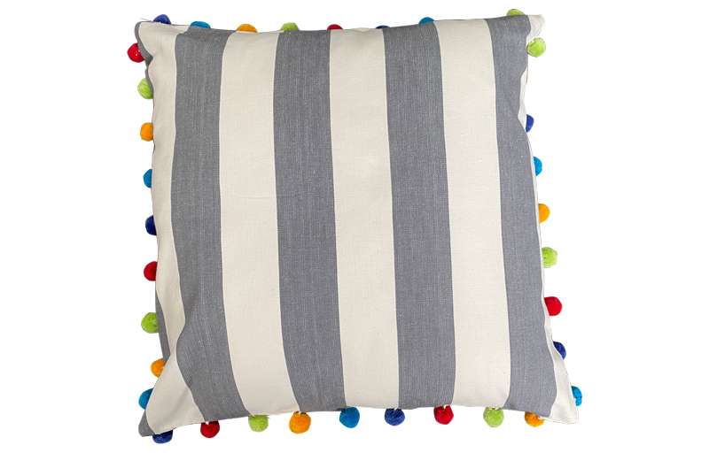 Charcoal Grey and White Stripe Pompom Cushion 40x40cm