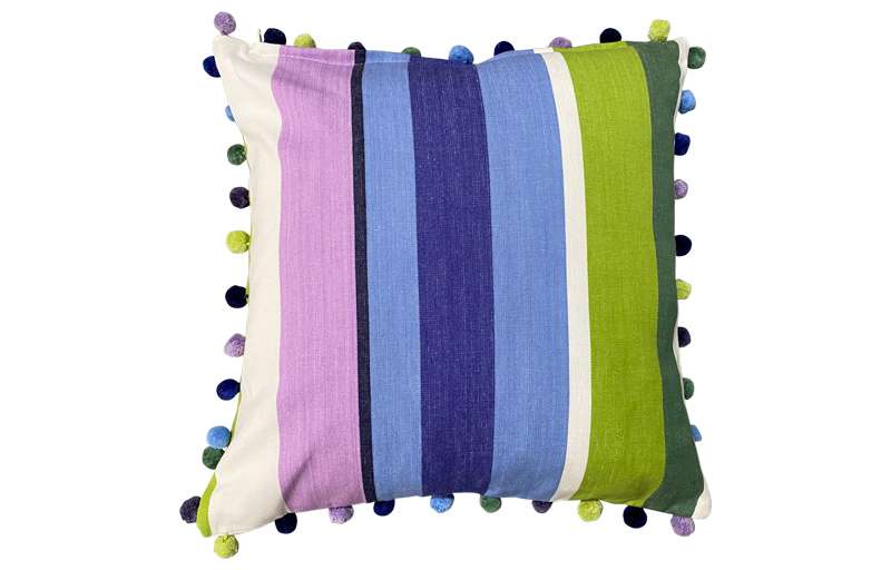 Green, Blue and Purple Striped Pompom Cushions40x40cm