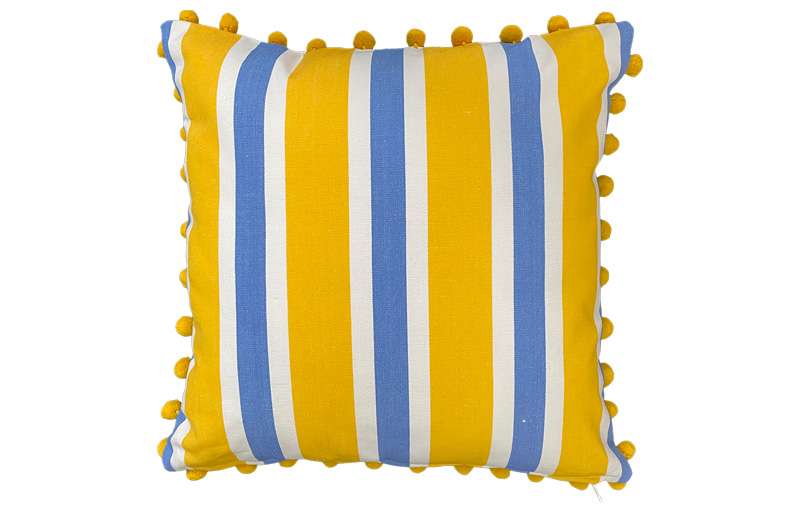 Yellow, Sky Blue and White Striped Pompom Cushion 40x40cm