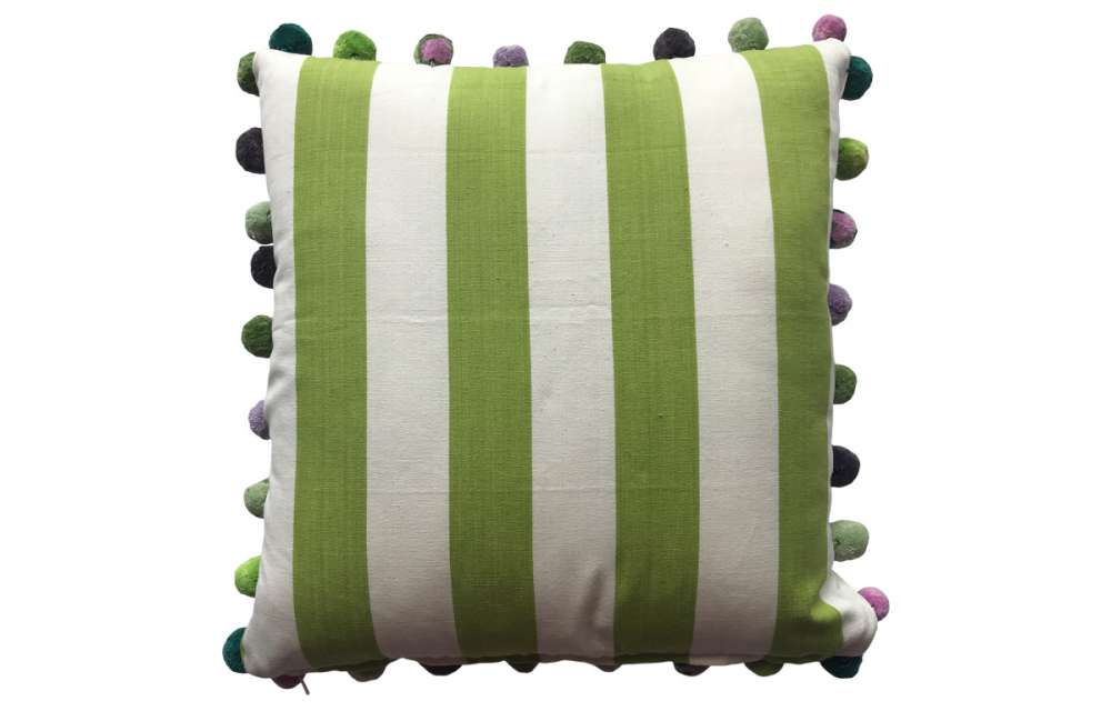 Lime Green and White Striped Pompom Cushions 40x40cm