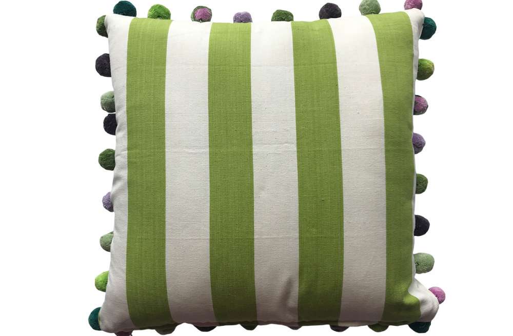 Lime Green and White Striped Pompom Cushions 50x50cm 