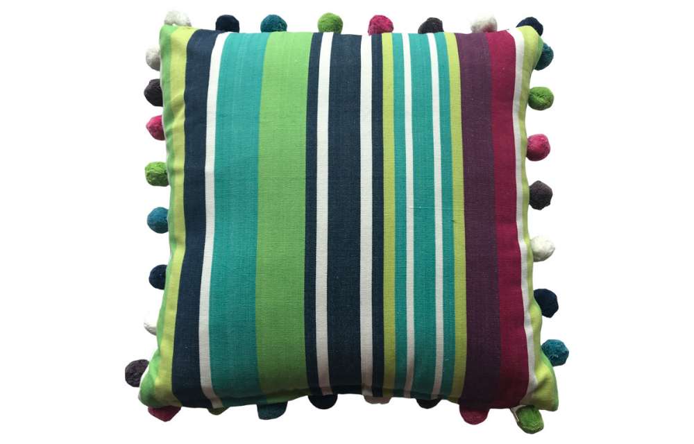 Navy, Turquoise and Lime Striped Pompom Cushions 50x50cm