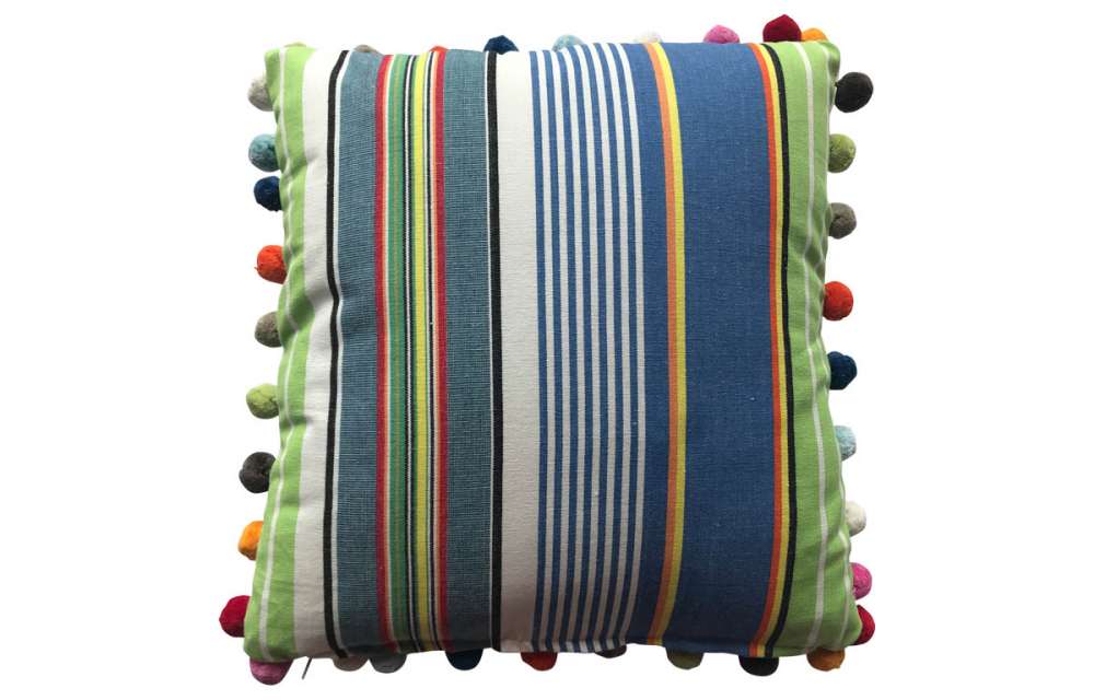Bright Blue, Denim Blue and Lime Green Striped Pompom Cushions 40x40cm